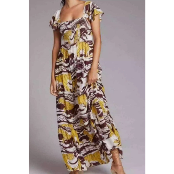 Anthropologie Dress Womens Size Small Cat Lion King Jaguar Maxi Animal Brown New - Picture 2 of 15